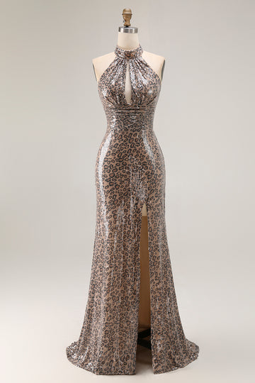 Glitter Golden Leopard Mermaid Halter Long Prom Dress with Slit